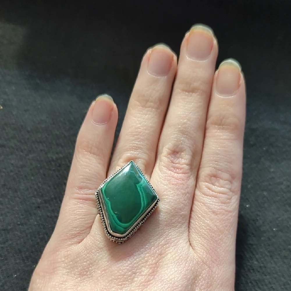 Silver Plated Green Malachite Gemstone Chunky Statement Ring - Size 7-8